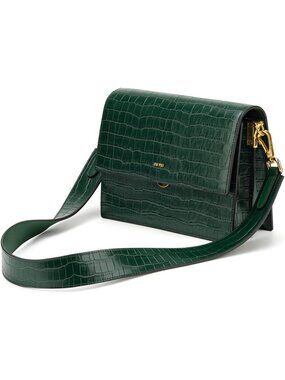 👜Women's Dark Green Mini Flap Crossbody Bag Croc Strap Faux Leather Purse